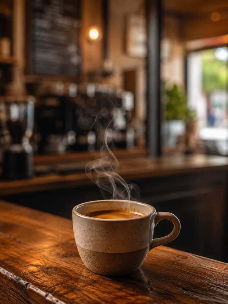 Café espresso humeante en taza de cerámica sobre barra de madera