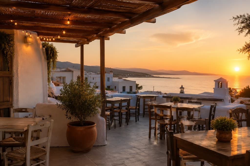 Terraza al atardecer con mesas de madera y vista al mar